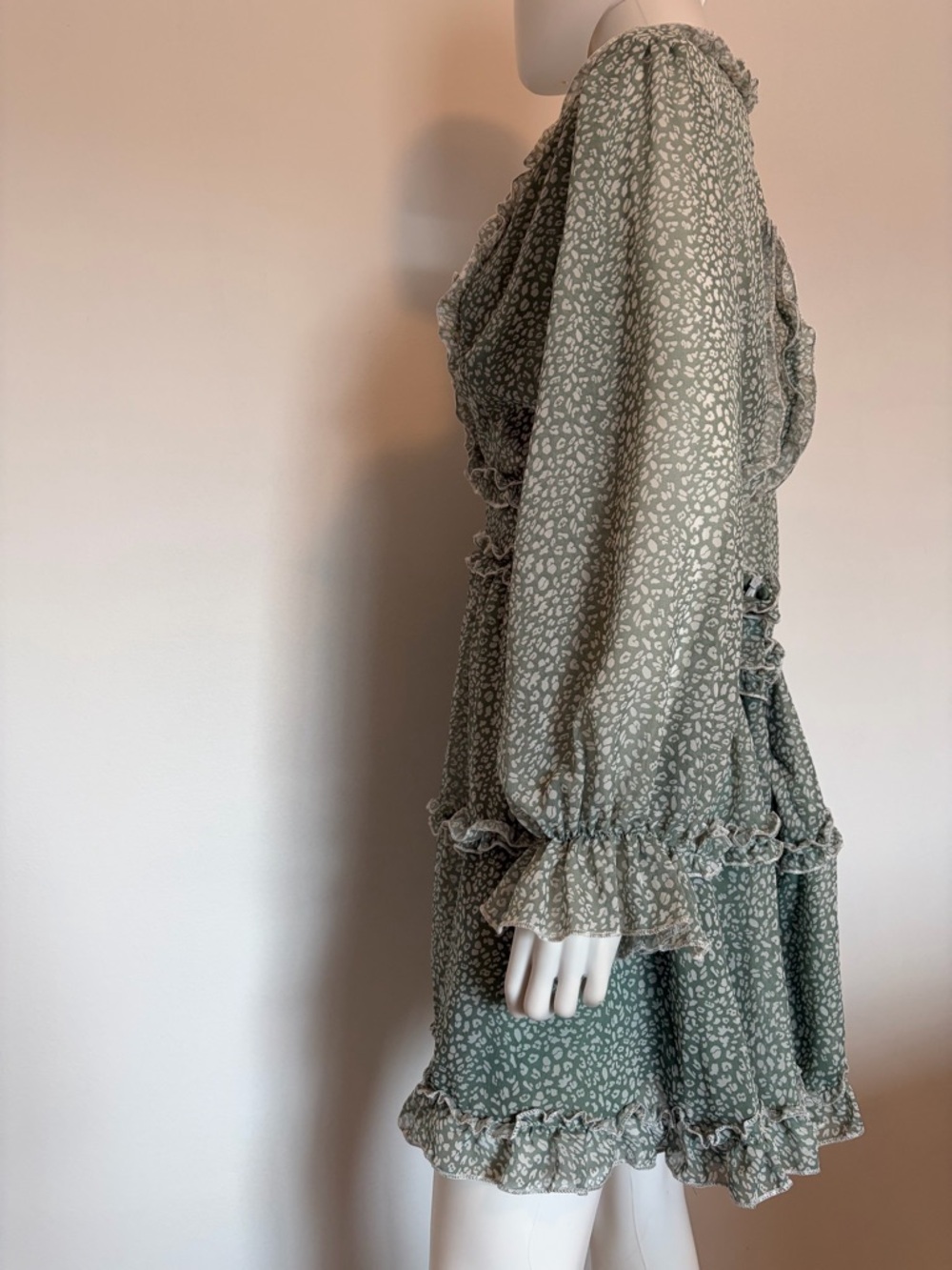 #564 Very Sexy Long Sleeve Ruffle Tiered Mini Dress in Sage Green with open back - Picture 5 of 13